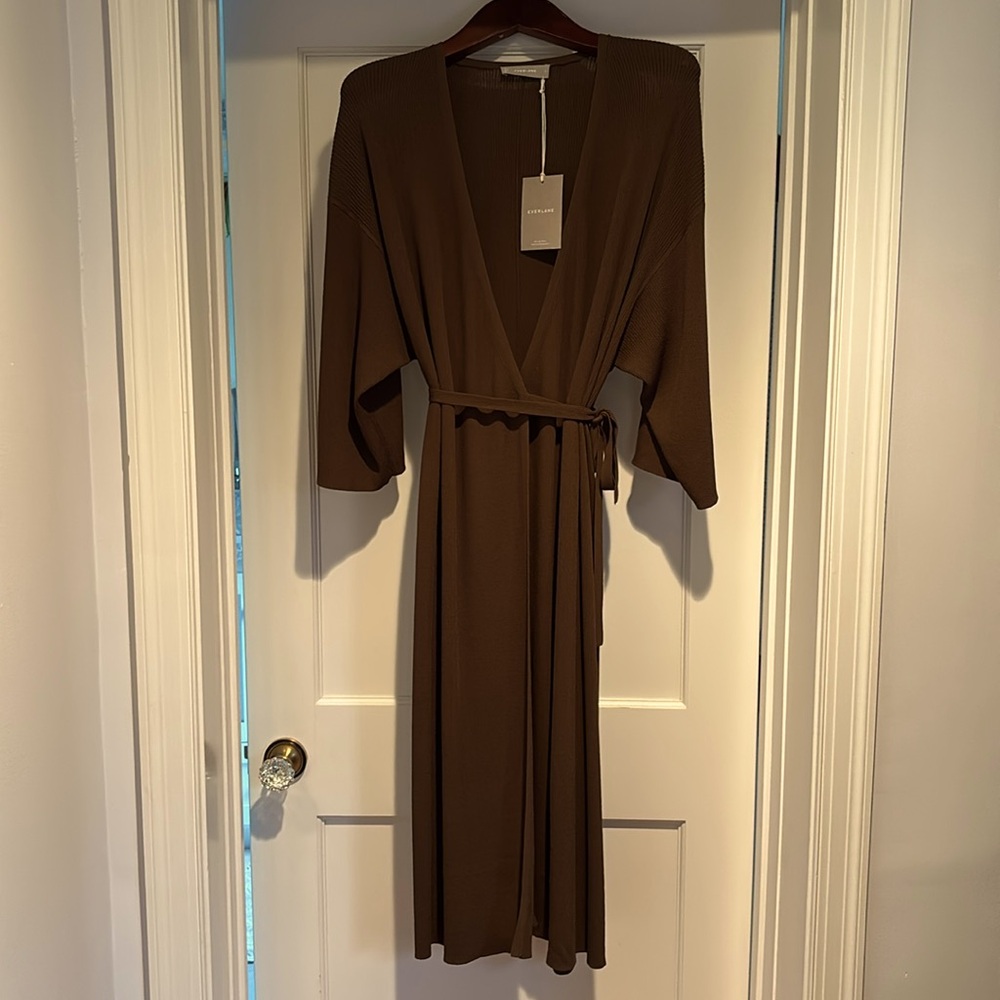 NWT Everlane The Ribbed Wrap Midi Dress in dark olive green